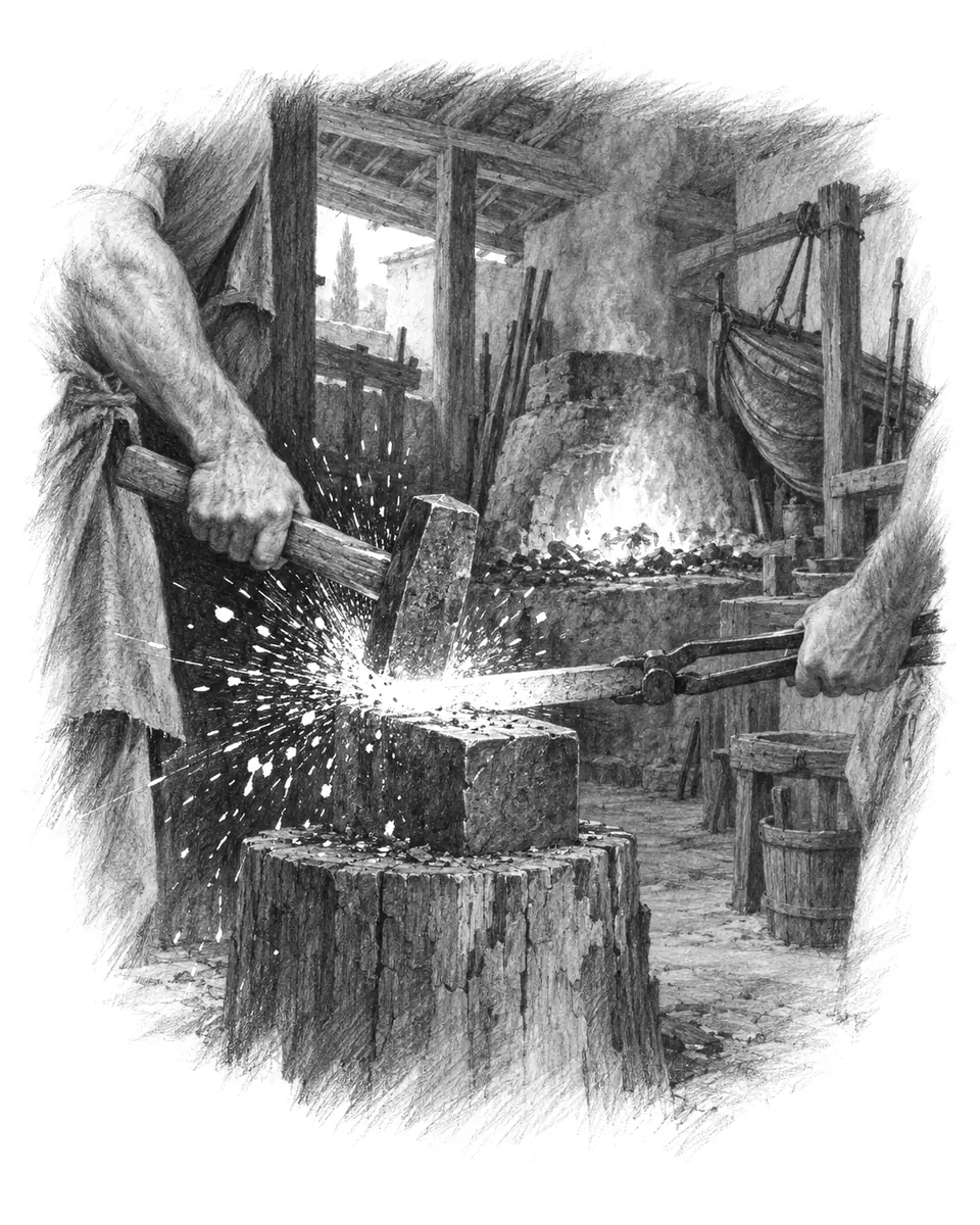 Bleistiftzeichnung: In einer antiken Schmiede trifft ein Hammer glühendes Metall auf dem Amboss; Funken stieben, dahinter brennt das Feuer der Esse.